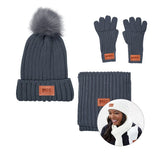 Leeman™ 3 Pc Rib Knit Fur Pom Winter Set Imprinted with Logo (Q165111)