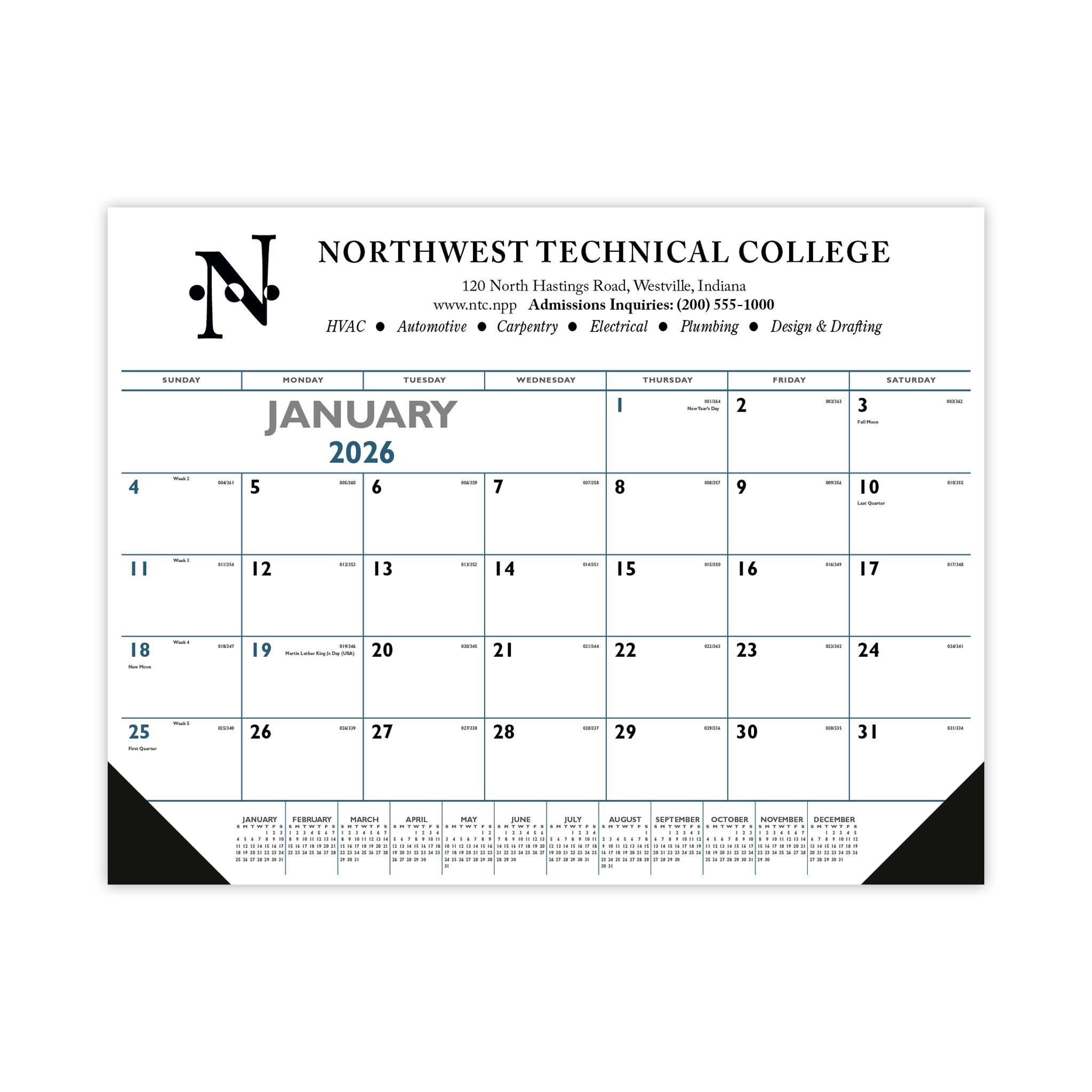 Triumph® Blue & Black Desk Pad With Vinyl Corner Calendar  Imprinted with Logo (Q114722)
