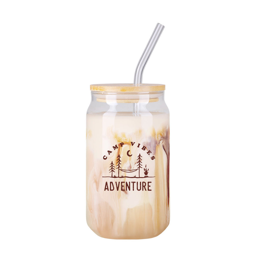 16 Oz. Glass Can with Bamboo Lid & Straw (Q124532)