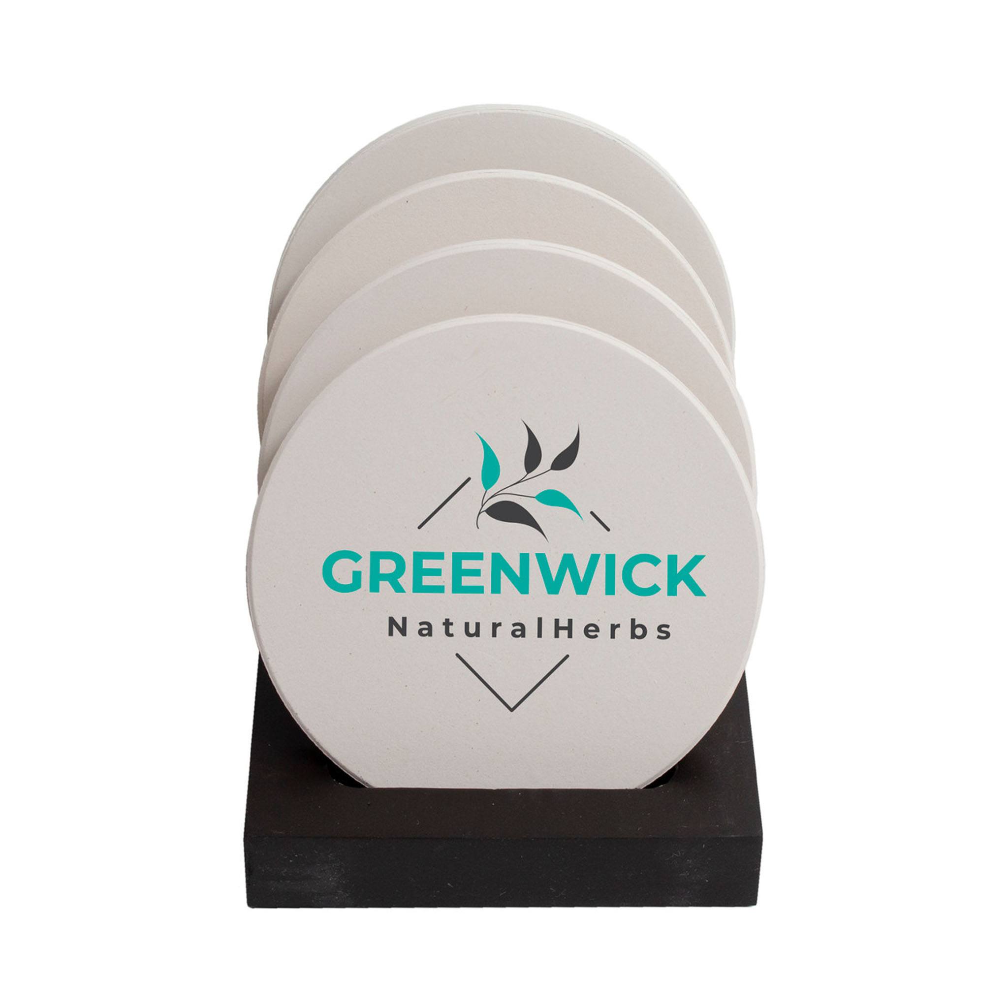 4 Pc. Round Coaster Set With Stand  Imprinted with Logo (Q139622)