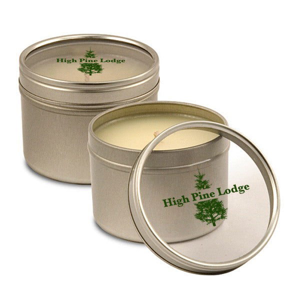 4 Oz. Clear Window Travel Tin Candle  Imprinted with Logo (Q161211)