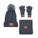 Leeman™ 3 Pc Rib Knit Fur Pom Winter Set (Q165111)