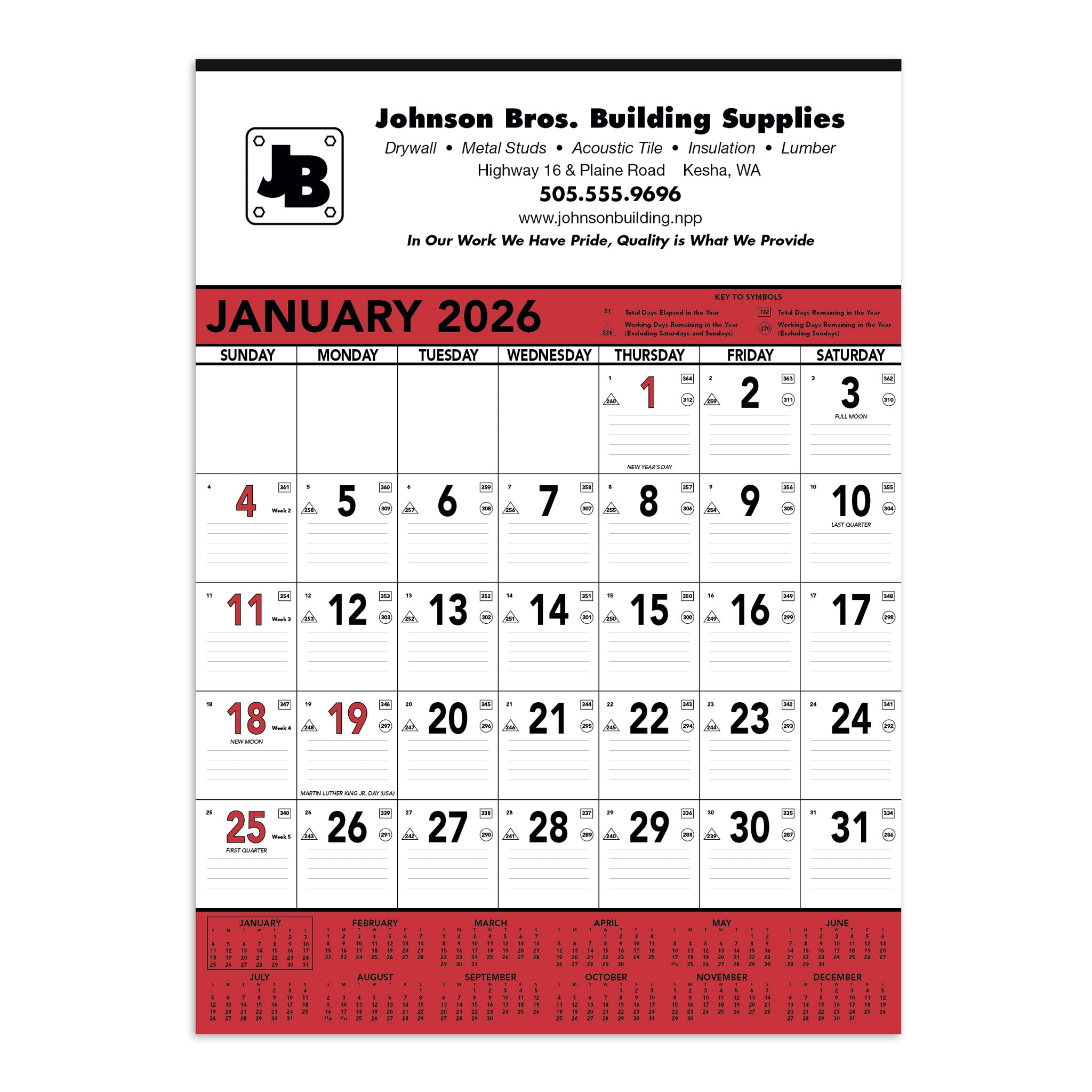 Red & Black Contractor's Memo Calendar (13-sheet) (Q204722)