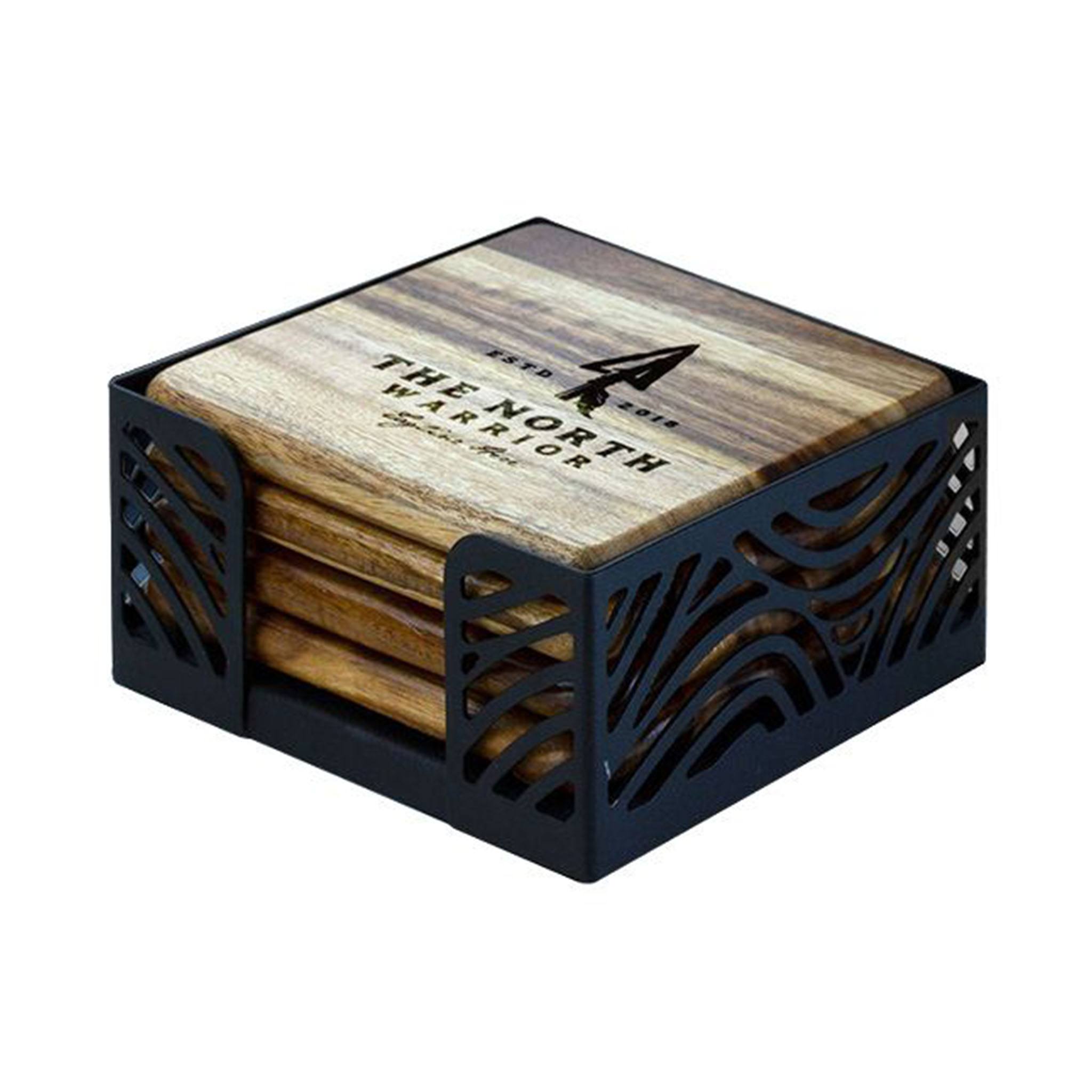 4 Pc. Acacia Wood Square Coaster Set  Imprinted with Logo (Q239622)