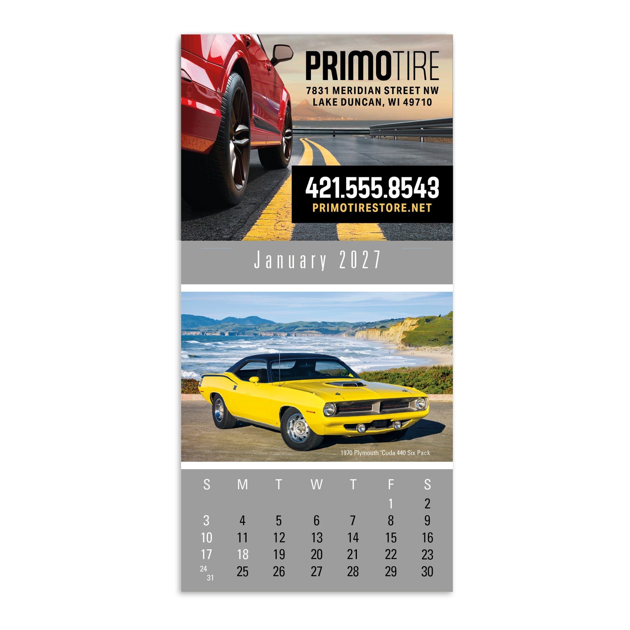 4C Press-N-Stick Header Cruisin’ Cars Calendar (13-Month)  Imprinted with Logo (Q259122)