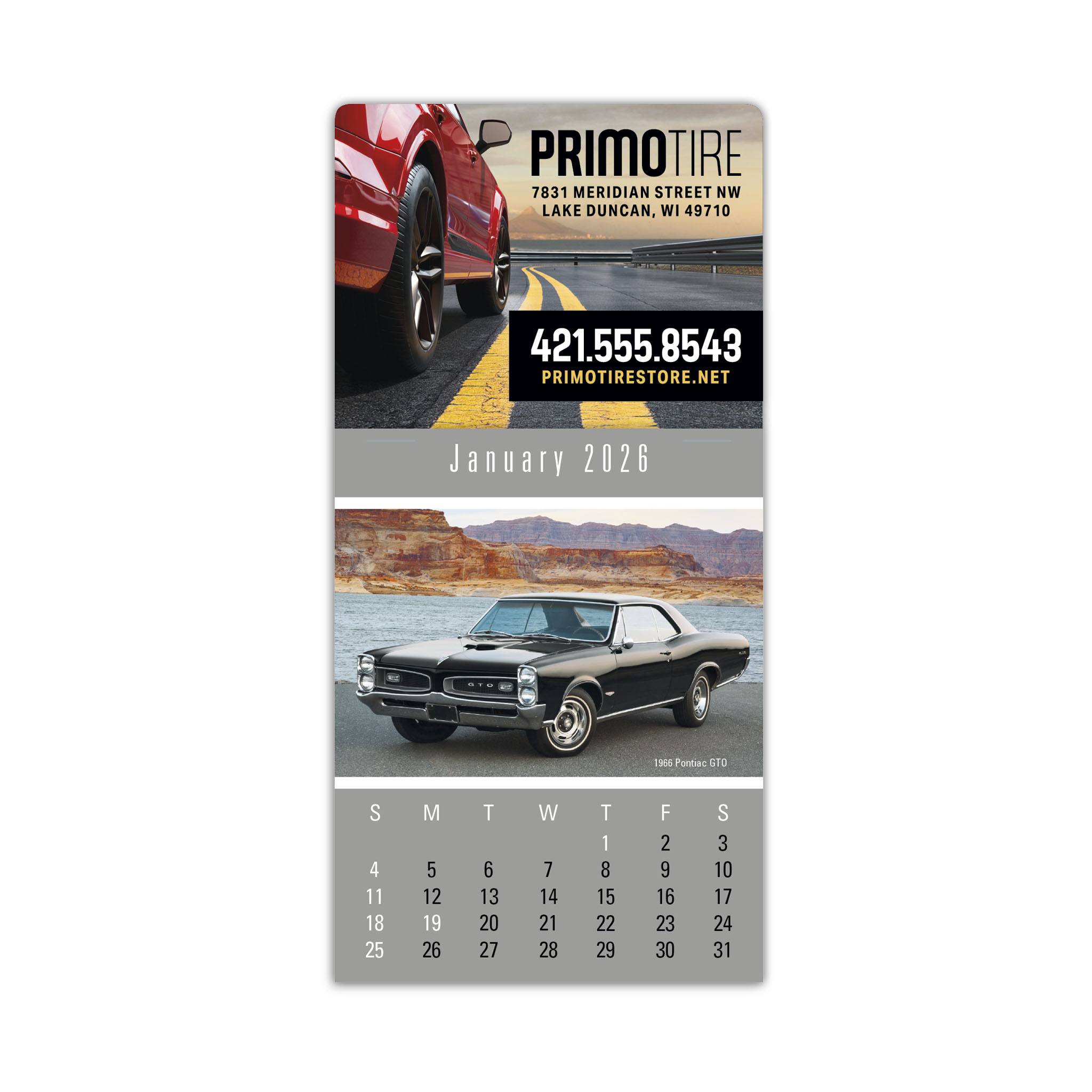 4C Press-N-Stick Header Cruisin’ Cars Calendar (13-Month)  Imprinted with Logo (Q259122)
