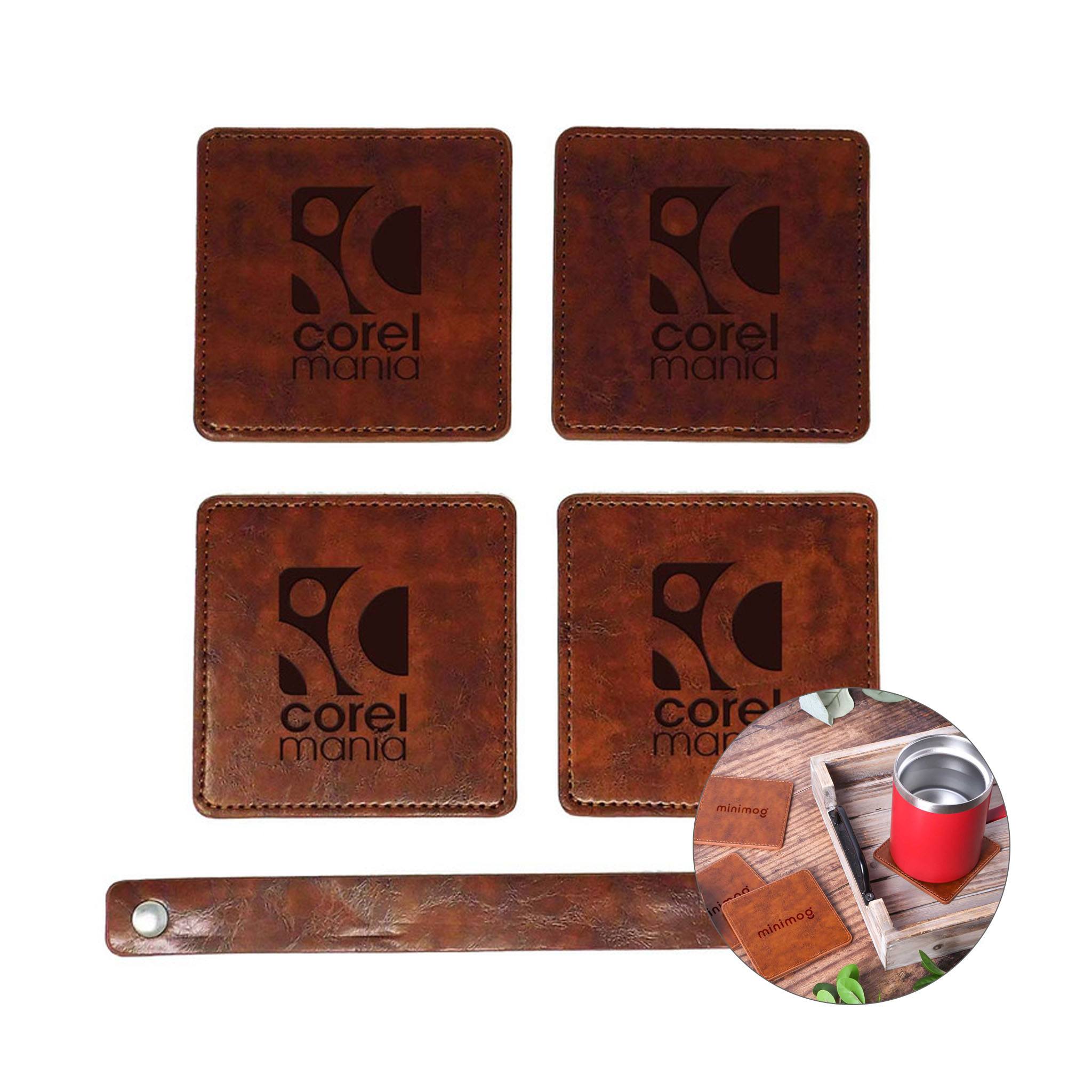 Watson Square PU Leather Coaster - 4 piece Set  Imprinted with Logo (Q419422)