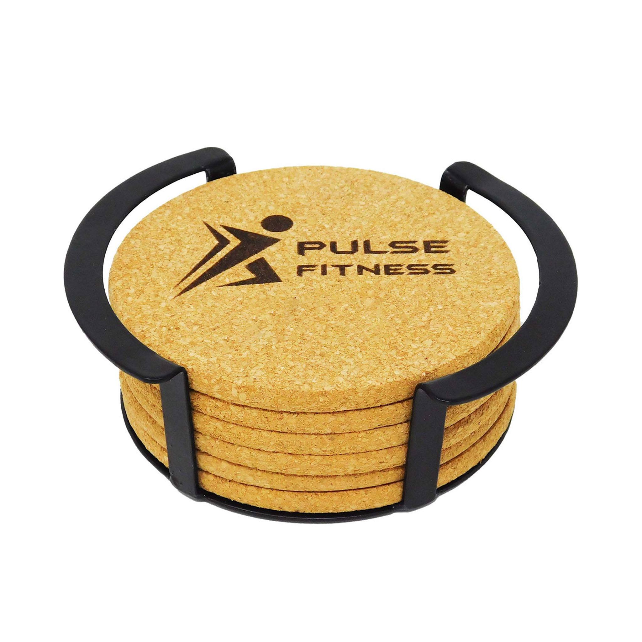 6 Pc. Round Cork Coaster Set With Black Metal Stand  Imprinted with Logo (Q439422)