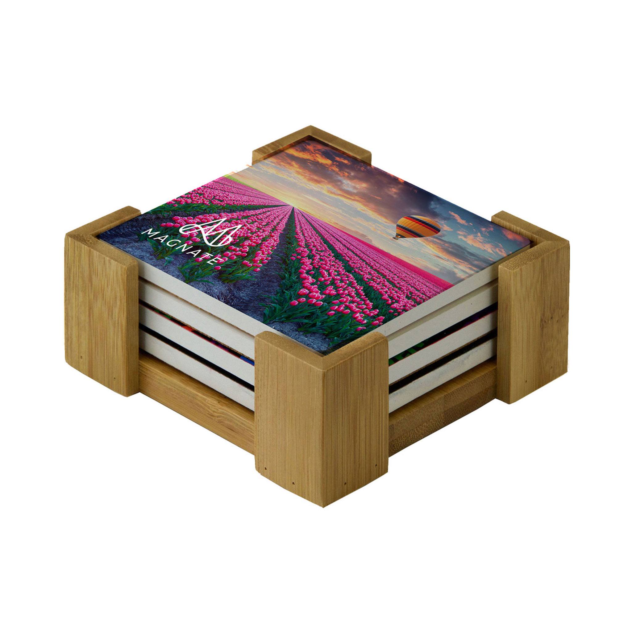 4 Pc. Square Ceramic Coaster Set With Wood Stand  Imprinted with Logo (Q459622)