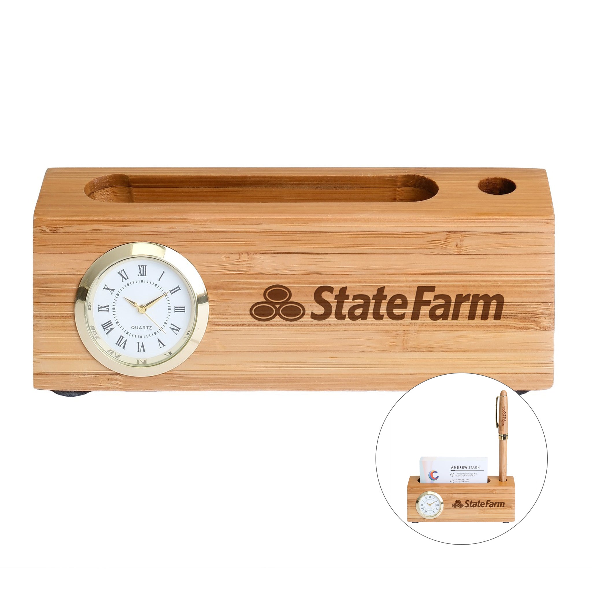 Bamboo Business Card & Pen Holder Clock  Imprinted with Logo (Q485532)