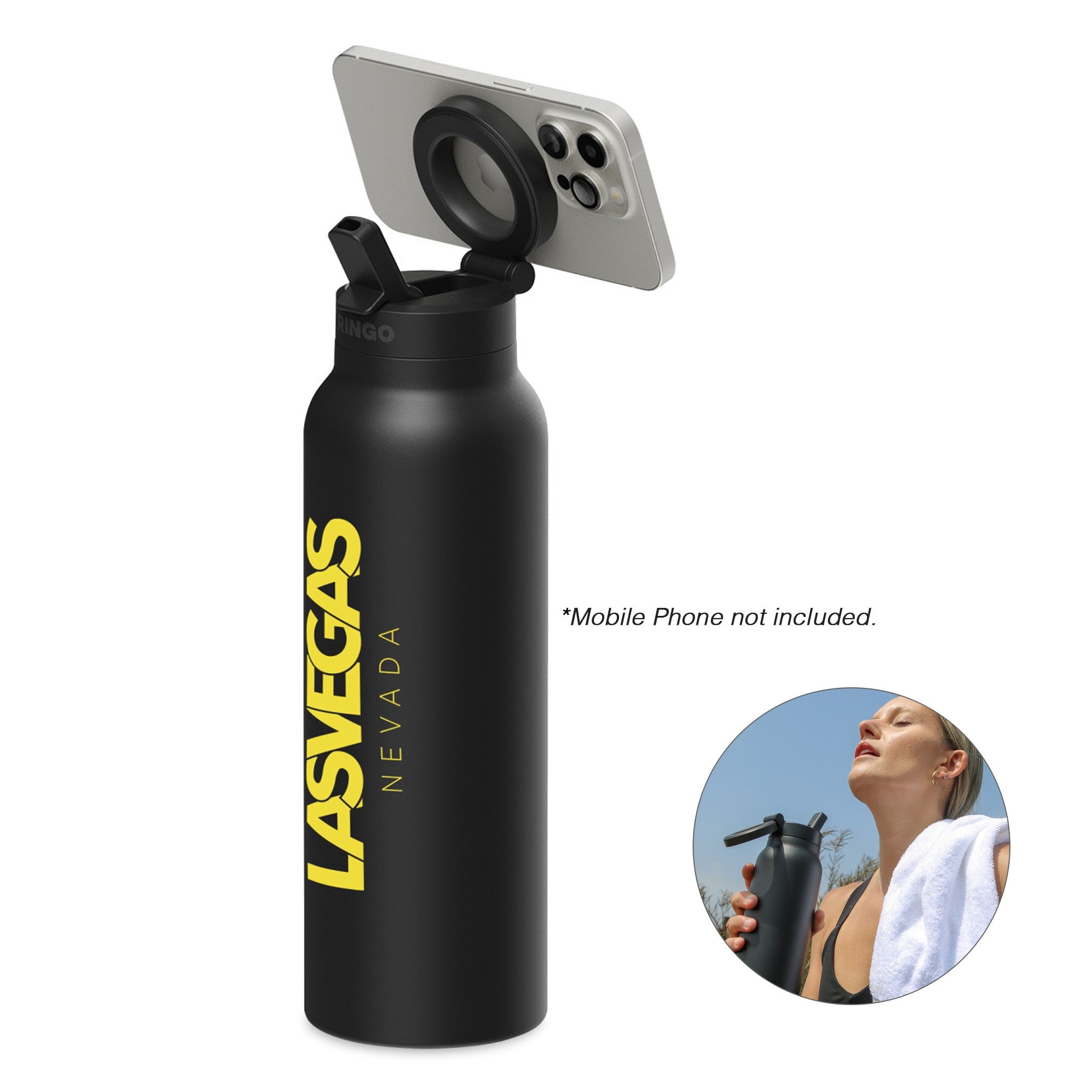 24 Oz. RINGO Pro Water Bottle with Magnetic Booster Ring - BL  Imprinted with Logo (Q556532)