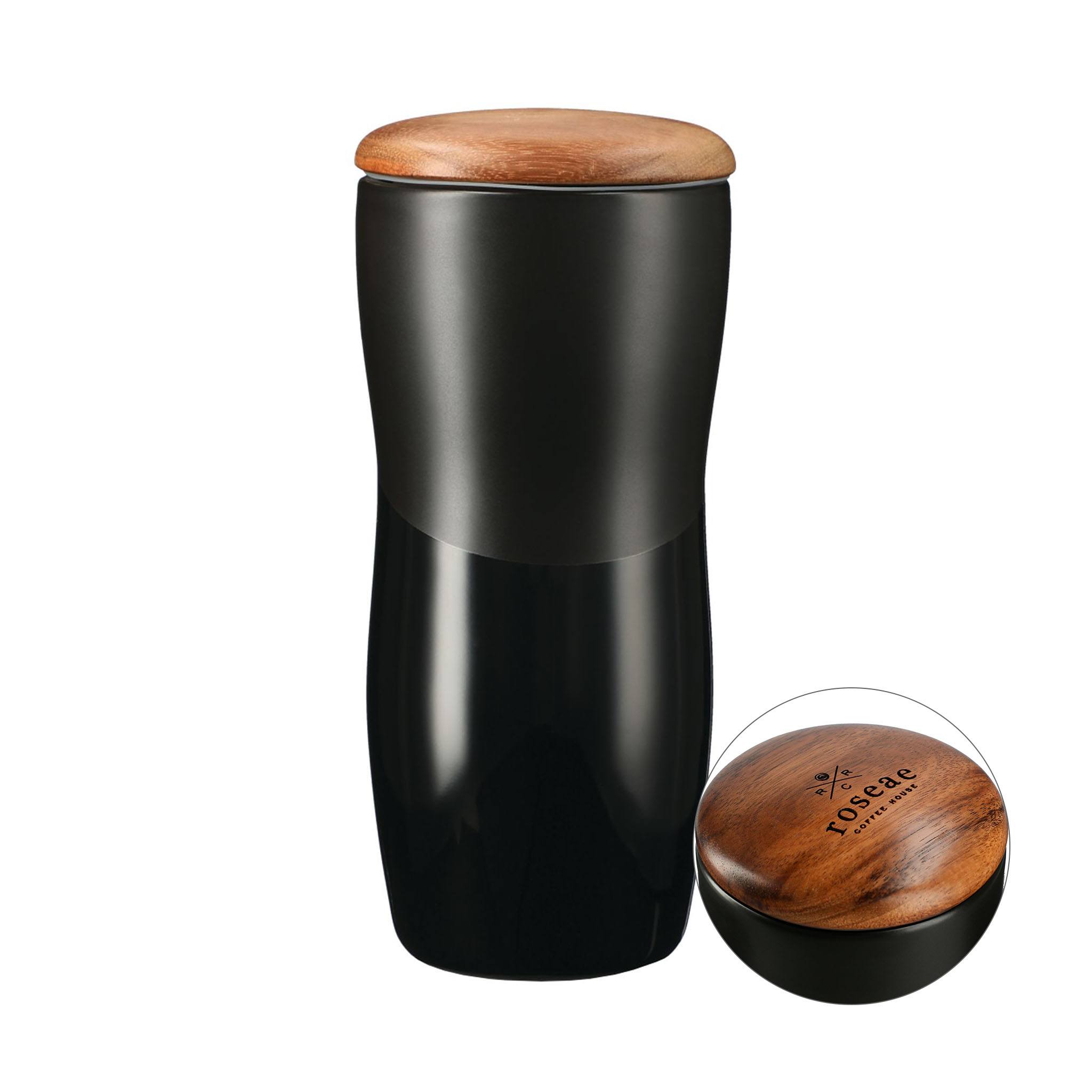 10 Oz. Reno Double Wall Ceramic Tumbler With Wood Lid  Imprinted with Logo (Q642322)