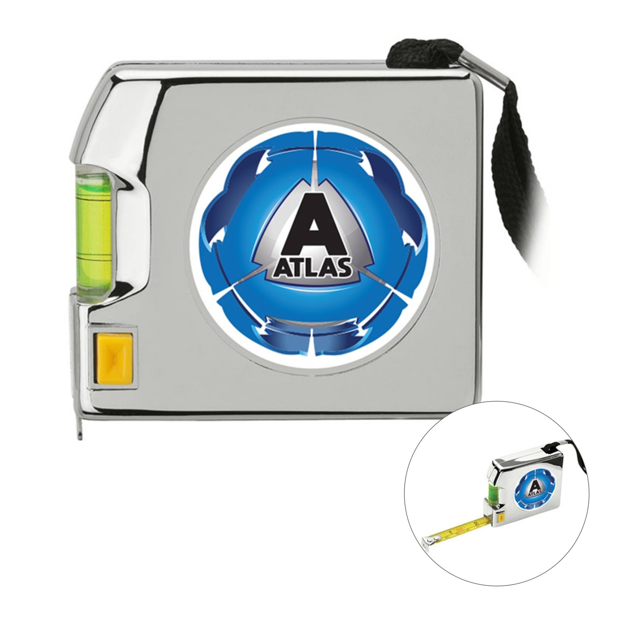 Plastic Chrome Tape Measure & Level (12 ft.)  Imprinted with Logo (Q725311)