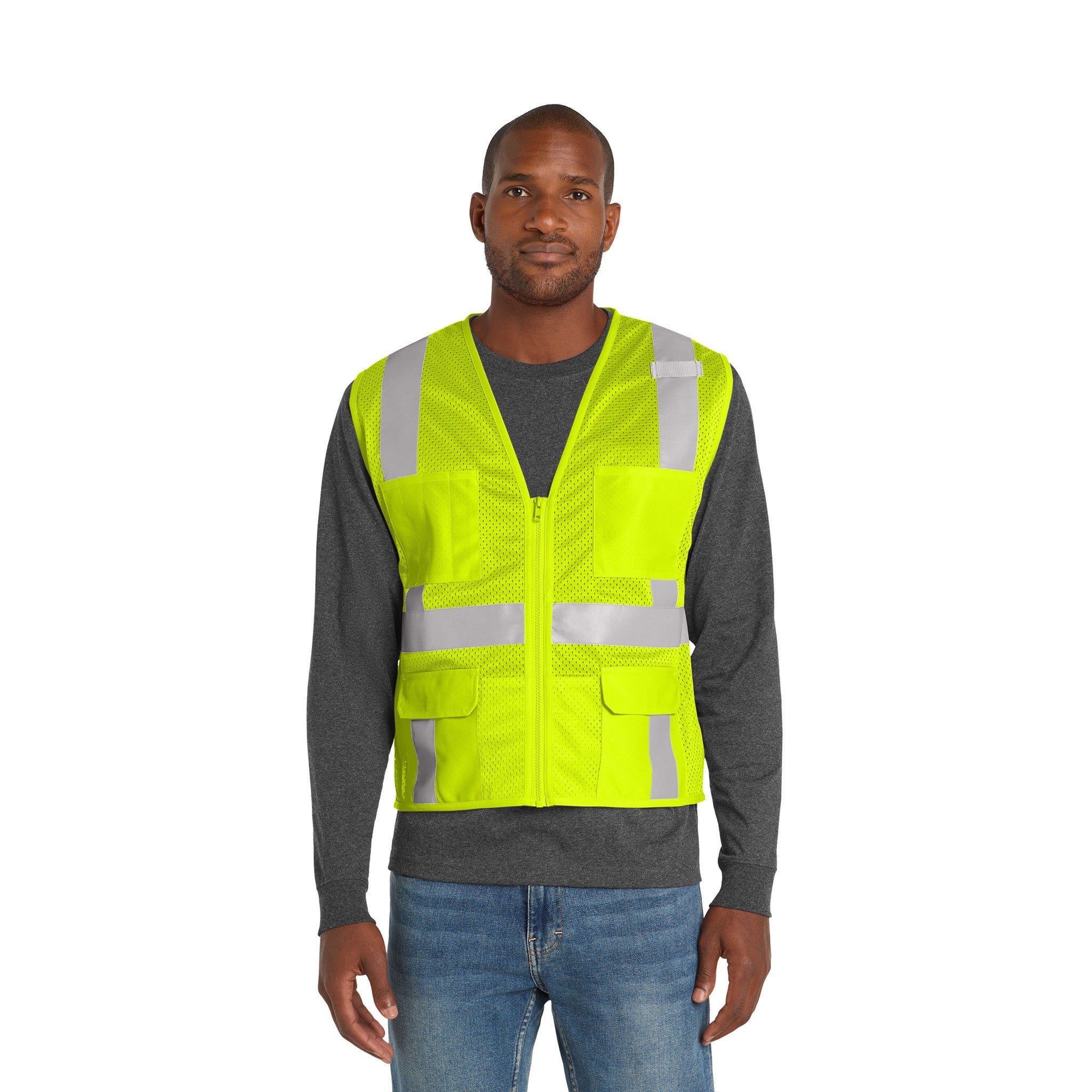 CornerStone® ANSI 107 Class 2 Mesh Six-Pocket Zippered Vest  Imprinted with Logo (Q743332)