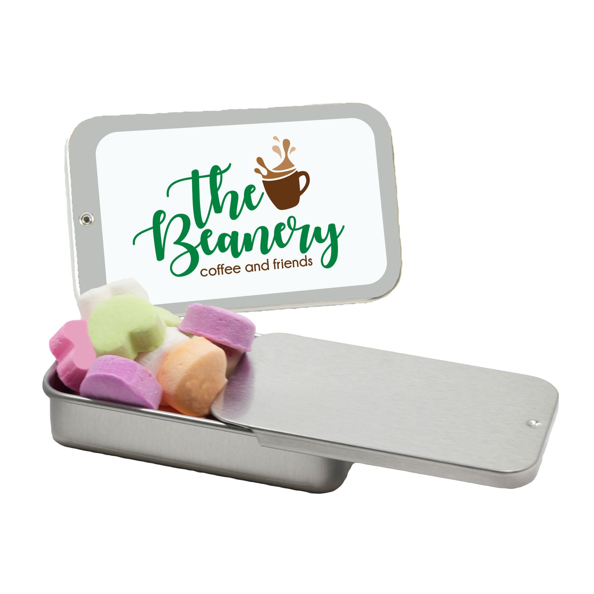 Slider Tin With Conversation Hearts  Imprinted with Logo (Q753611)