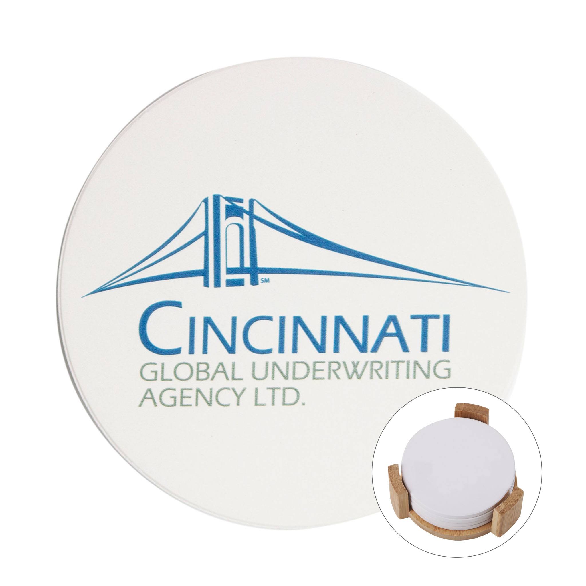 4 Pc. Round Ceramic Coaster Set With Wood Stand  Imprinted with Logo (Q849622)