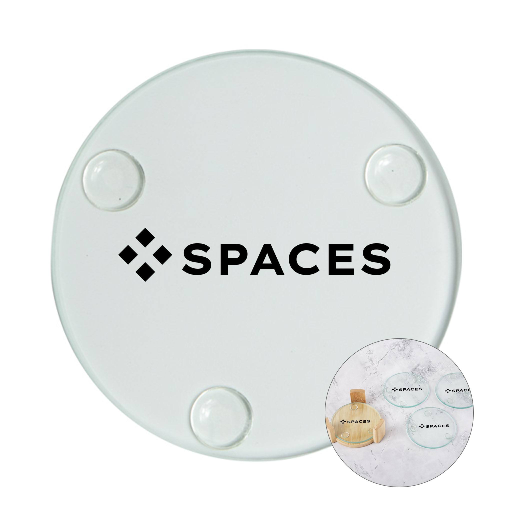 5 Pc. Glass Round Coaster Set With Wood Stand  Imprinted with Logo (Q859622)