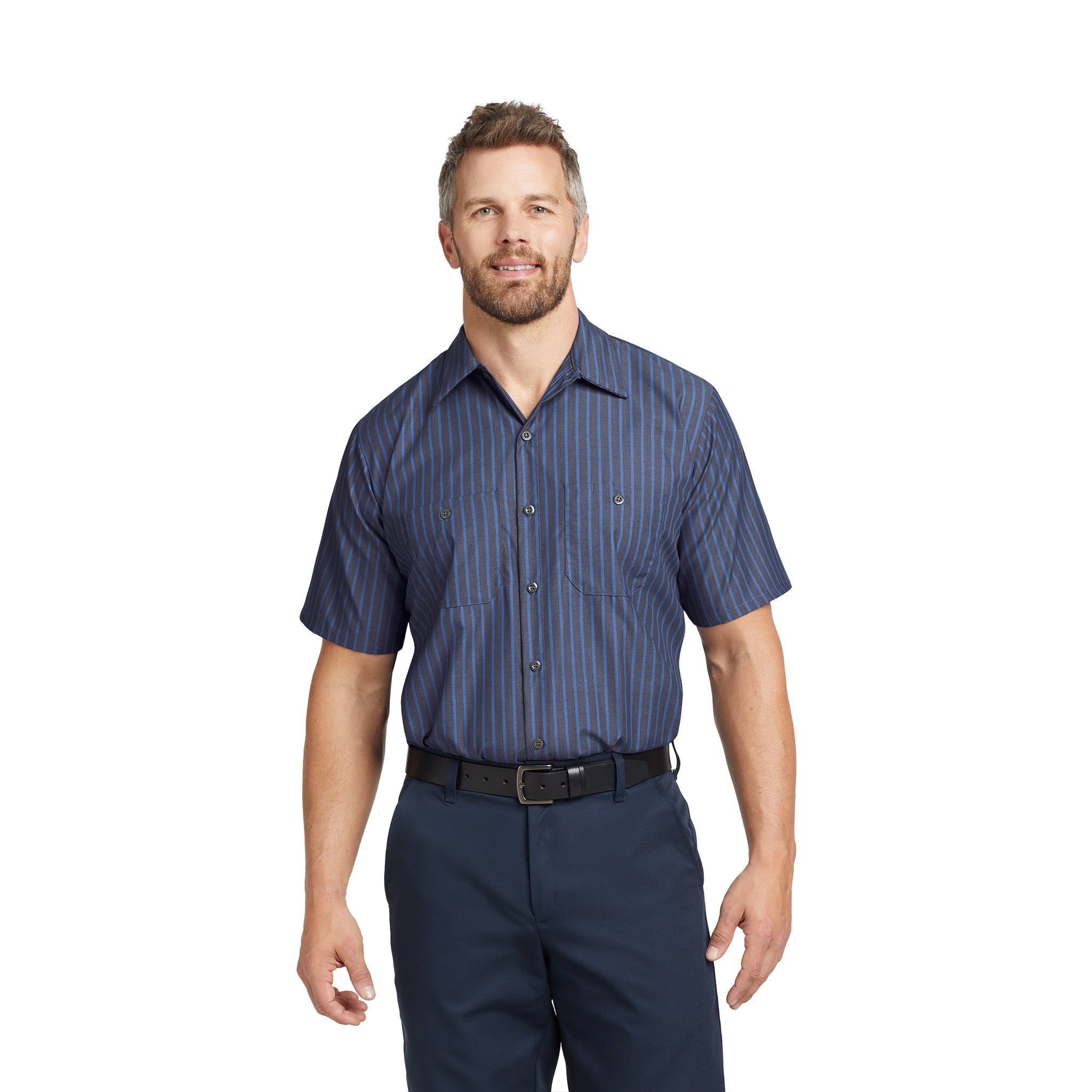 Red Kap® Short Sleeve Striped Industrial Work Shirt  Imprinted with Logo (Q875332)