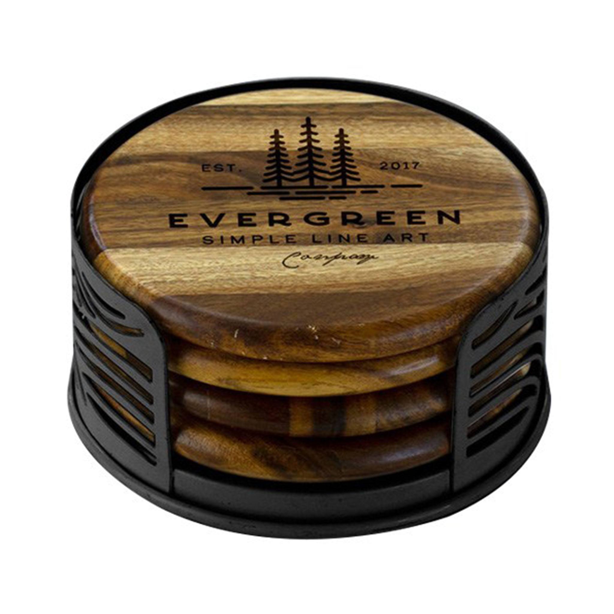 4 Acacia Wood Round Coaster Set With Black Metal Stand  Imprinted with Logo (Q929622)