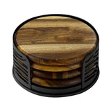 4 Acacia Wood Round Coaster Set With Black Metal Stand (Q929622)