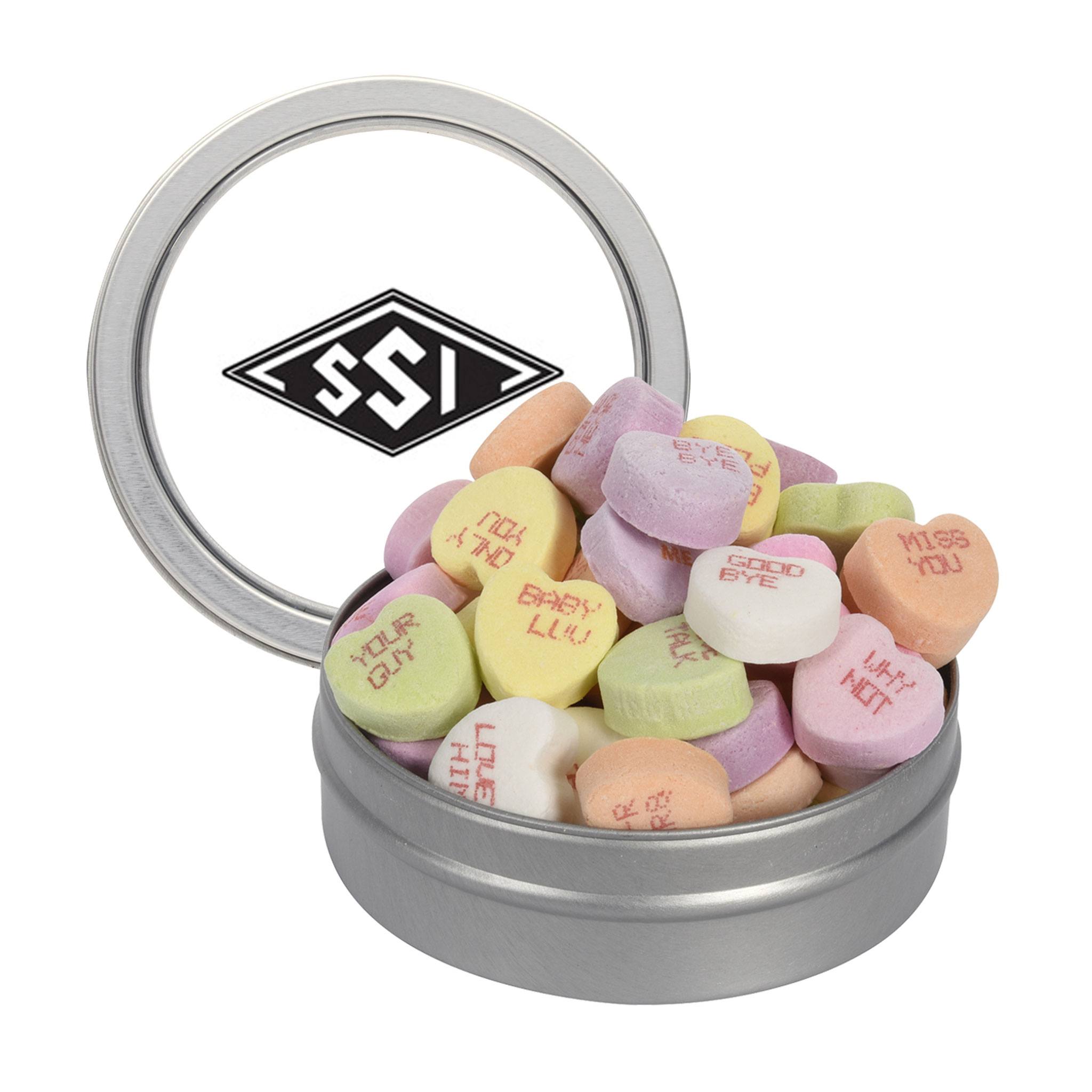 Short Round Tin With Conversation Hearts  Imprinted with Logo (Q953611)