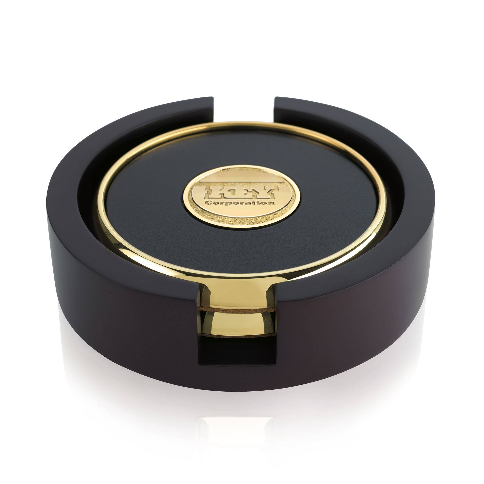 Two Round Coasters With Wood Tray  Imprinted with Logo (Q956622)