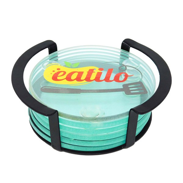6 Pc. Glass Coaster Set In Metal Stand - Round (Q619422)