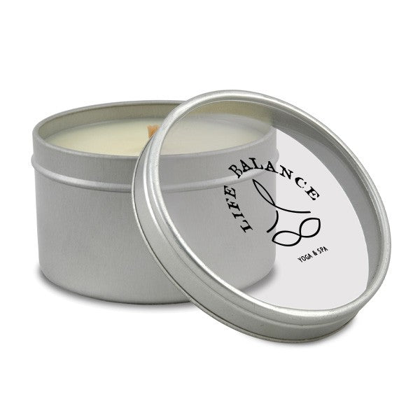 8 Oz. Clear Window Travel Tin Candle  Imprinted with Logo (Q651211)