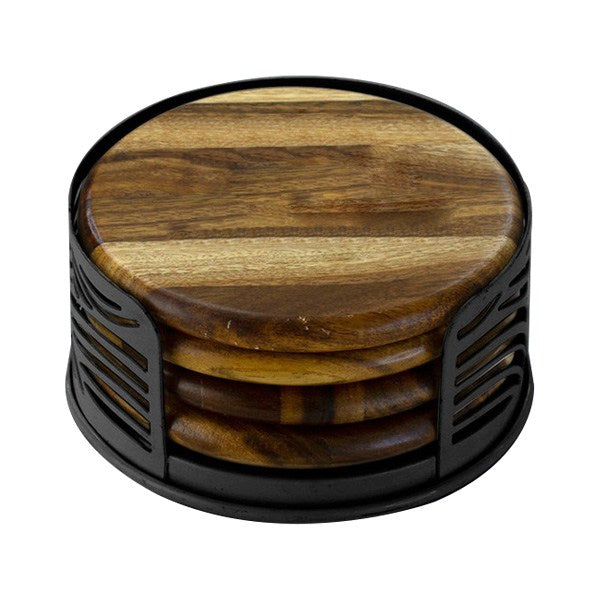 4 Acacia Wood Round Coaster Set With Black Metal Stand (Q929622)