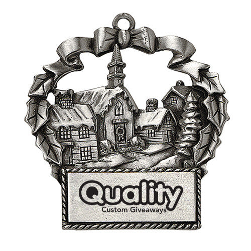 Pewter Finish Village Scene Ornament  Imprinted with Logo (Q95347)