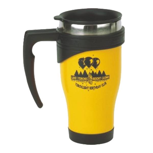 16 Oz. Stainless Steel Travel Mugs Black Snap Lid  Imprinted with Logo (Q960911)